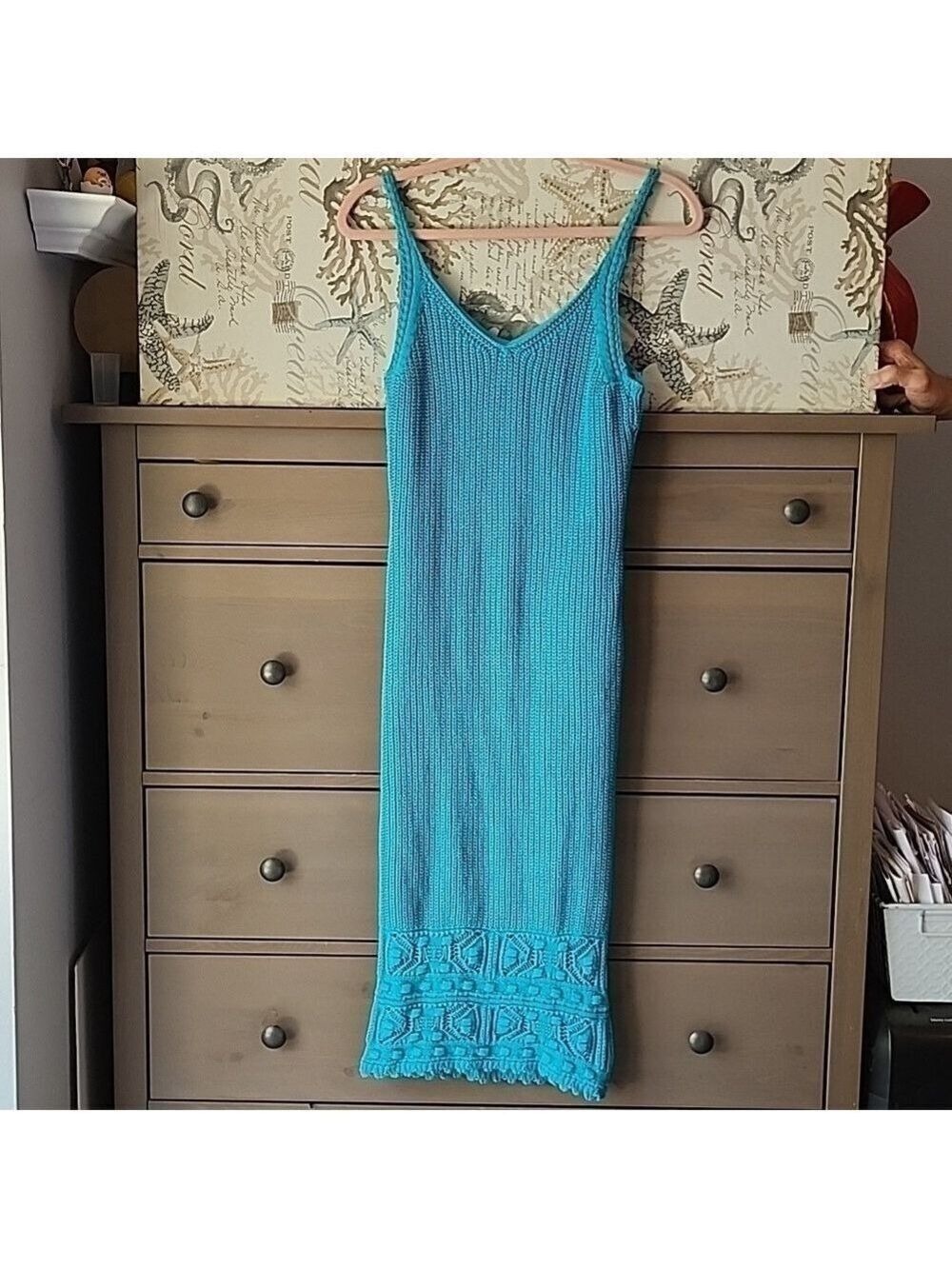 WILLOW & WIND KNIT CROCHET DRESS MIDI SIZE MEDIUM , TEAL / TURQUOISE